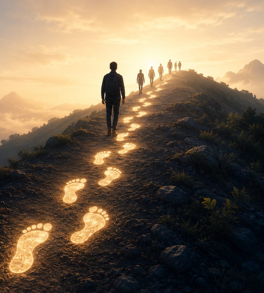 Glowing footprints leading up a mountain path at sunrise, followed by young travellers